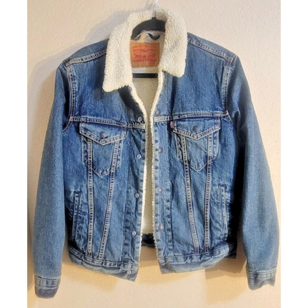 Levis Sherpa Trucker Jacket Small Blue Denim Lined Faux Shearling Cozy